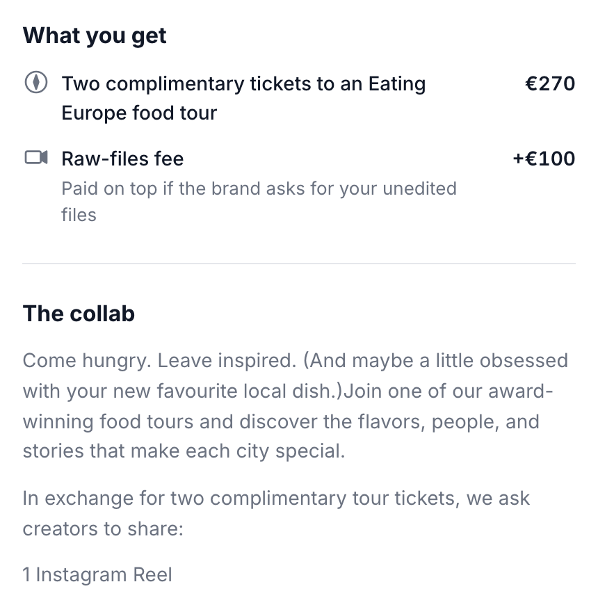 A collab on CollabsMap listing what the creator gets — programme, housing, meals, crew role — and an estimated value of $5,000.
